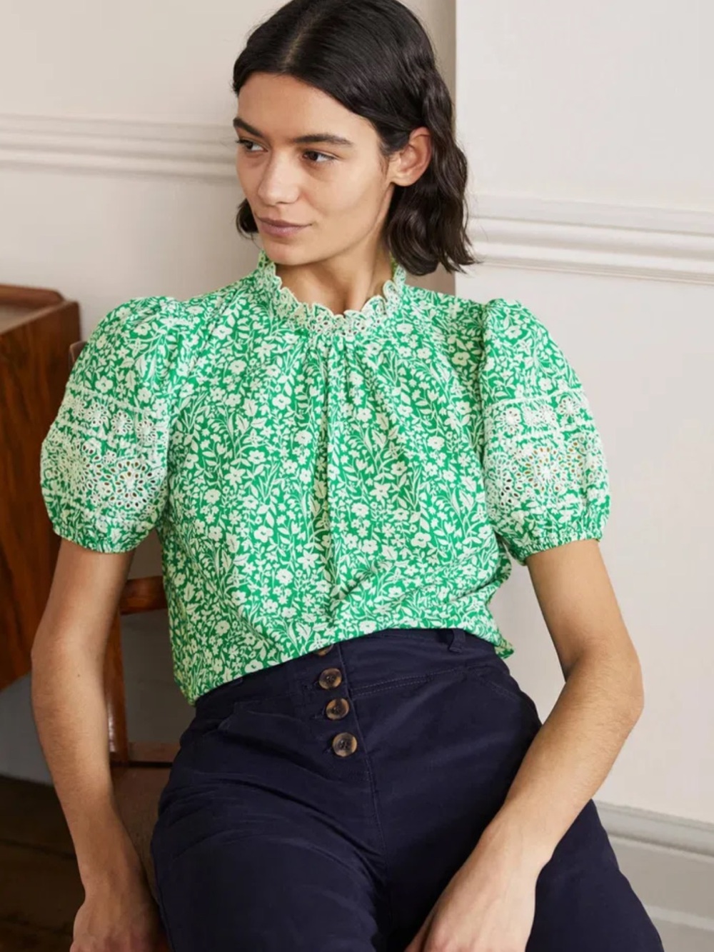 BODEN Floral Printed Cotton Broderie Puffed Sleeve Embroidered Blouse US 2